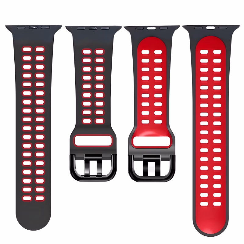 Bracelet Apple Watch EzStrap en silicone noir et rouge, style sport avec ouvertures respirantes perforées, présenté en vue frontale sur fond blanc.