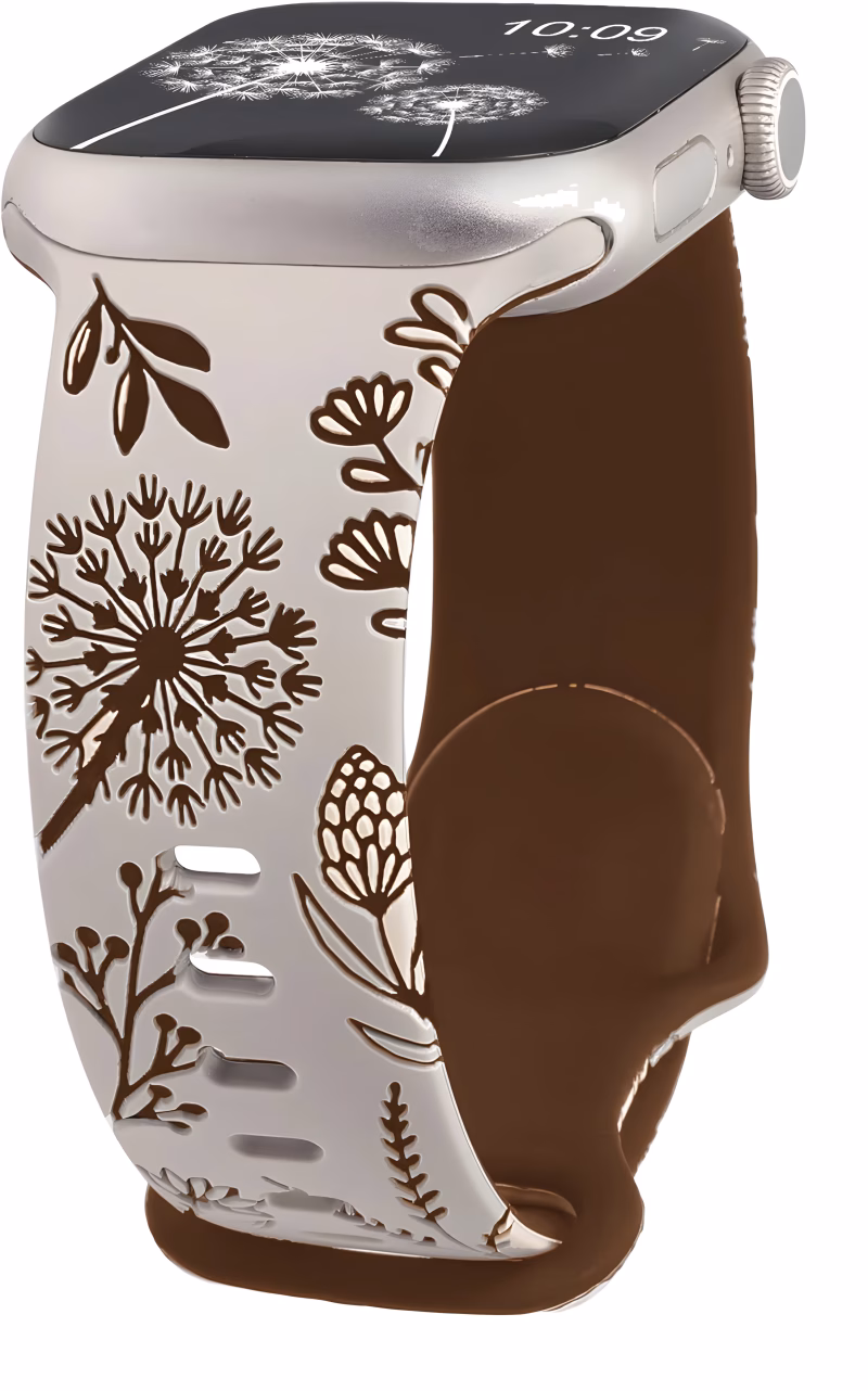 Bracelet Apple Watch Silicone Gravé à Design Floral - EzStrap - Beige/Fleurs Marrons