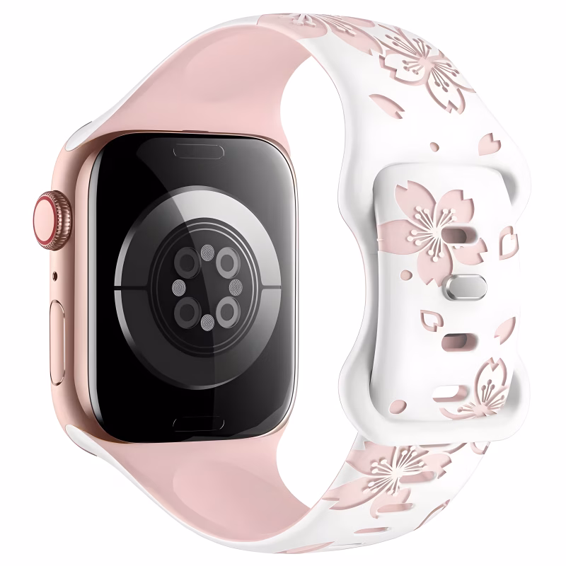 Bracelet Apple Watch Silicone Gravé à Motif Fleur de Cerisier - EzStrap - Blanc/Fleurs Roses