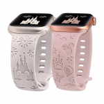 Bracelets Apple Watch EzStrap en silicone texturé à motifs Disney en relief, de style sport, présentés en gros plan sur fond blanc.