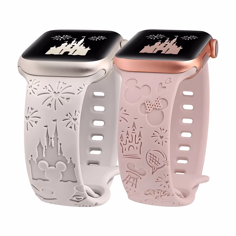 Bracelets Apple Watch EzStrap en silicone texturé à motifs Disney en relief, de style sport, présentés en gros plan sur fond blanc.