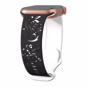 Bracelet Apple Watch Silicone à Motif Floral Découpé - EzStrap - Noir/Fleurs Blanches