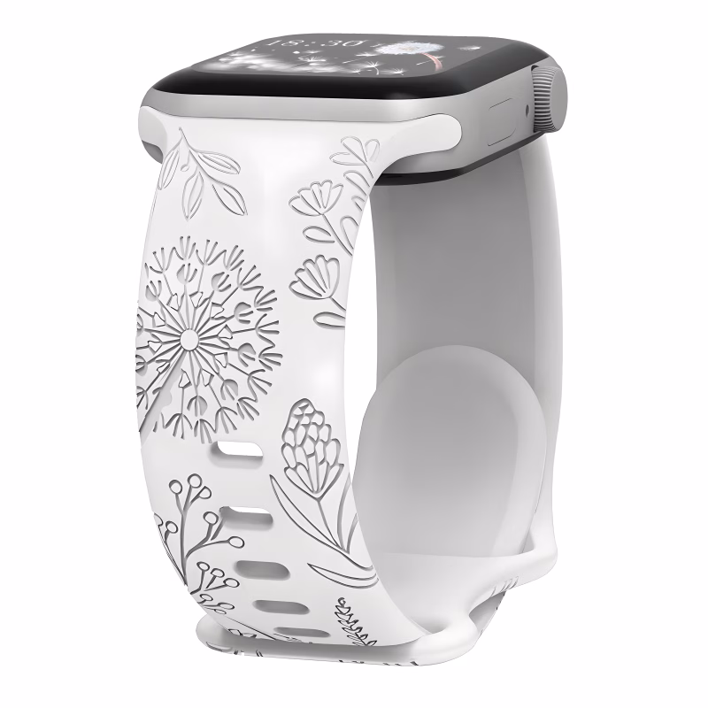 Bracelet Apple Watch Silicone à Motif Floral Gravé - EzStrap - Blanc