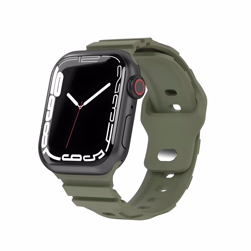 Bracelet Apple Watch EzStrap en silicone mat vert kaki, style sport perforé, présenté en gros plan accroché à une montre connectée.