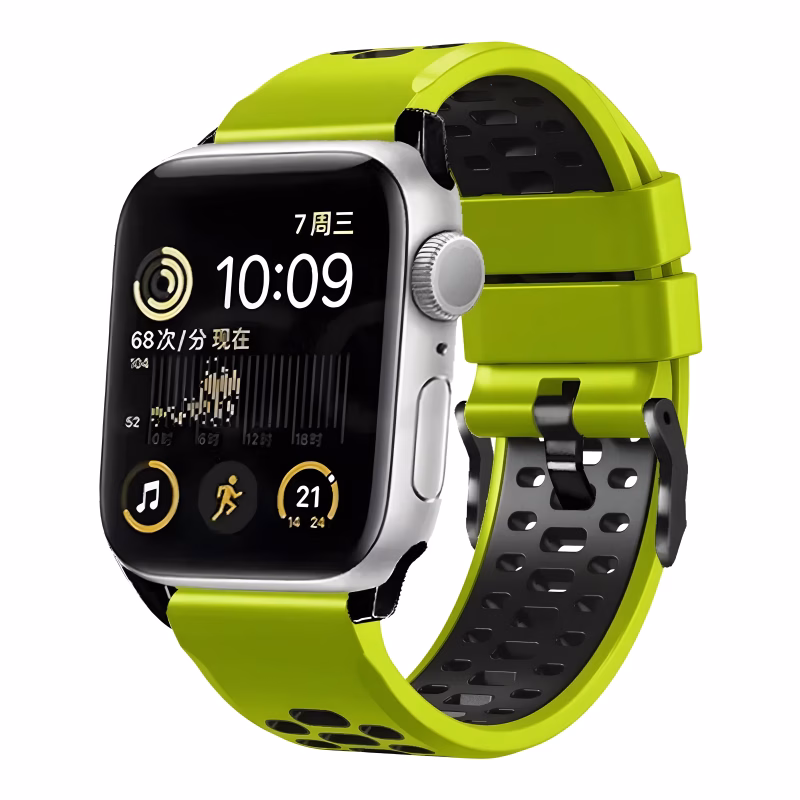 Bracelet Apple Watch EzStrap en silicone perforé de style sport, bicolore vert fluo et noir, présenté en gros plan sans poignet.