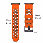 Bracelet Apple Watch EzStrap en silicone orange perforé, au style sport, présenté à plat avec indications de dimensions.