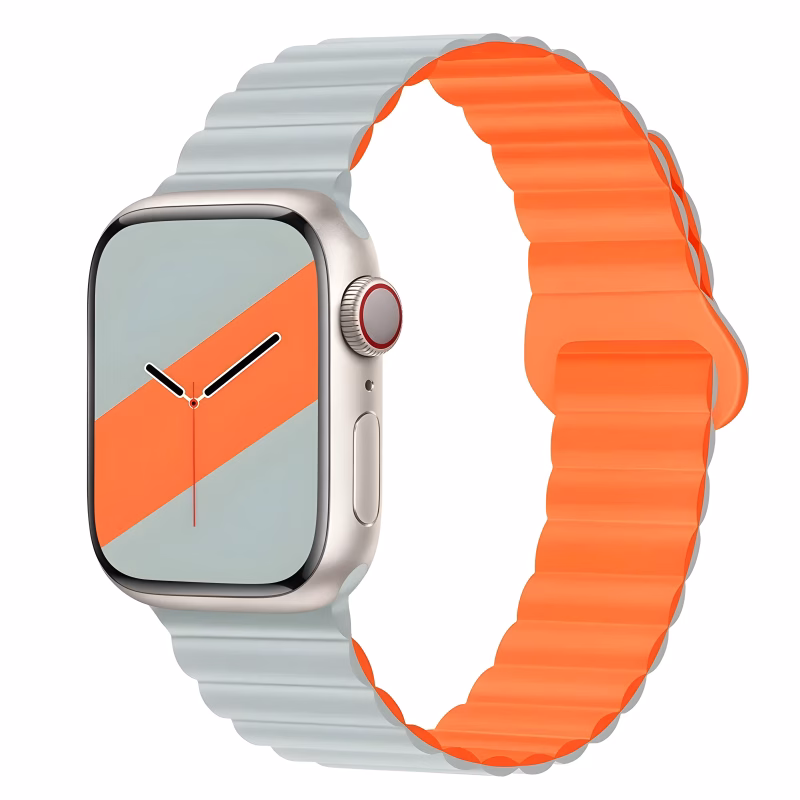 Bracelet Apple Watch Silicone Souple à Structure Ondulée Aimantée - EzStrap - Gris/Orange