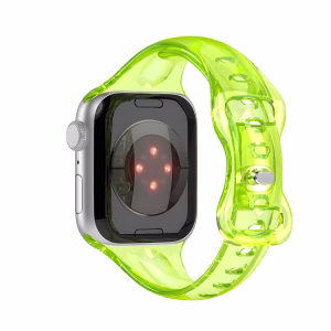 Bracelet Apple Watch EzStrap en silicone transparent, style sport, avec motif imprimé de papillons colorés, présenté en gros plan sur fond blanc.