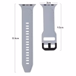 Bracelet Apple Watch EzStrap en silicone gris, style sport avec structure respirante à découpes, présenté à plat sur fond blanc avec dimensions indiquées.