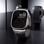 Bracelet Apple Watch EzStrap en silicone noir texturé, style sport, présenté en gros plan sur une montre posée dans un décor moderne et lumineux.
