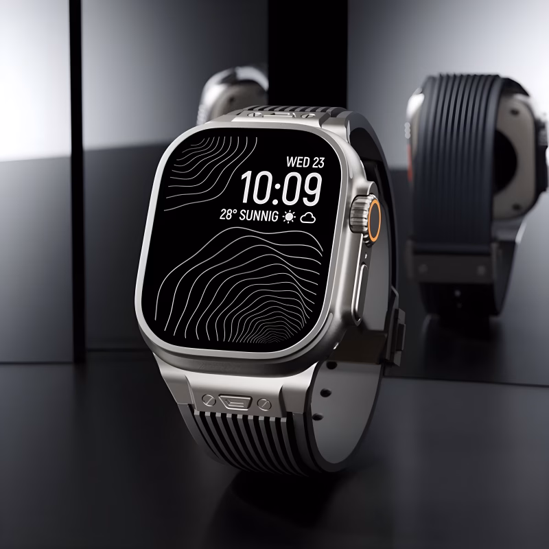 Bracelet Apple Watch EzStrap en silicone noir texturé, style sport, présenté en gros plan sur une montre posée dans un décor moderne et lumineux.
