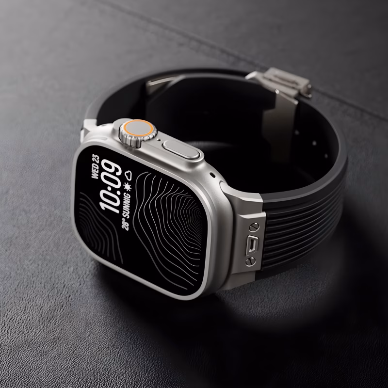 Bracelet Apple Watch EzStrap en silicone noir texturé de style sport, posé sur une surface en cuir noir.