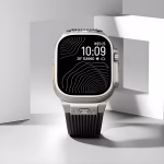 Bracelet Apple Watch EzStrap en silicone noir texturé, style sport, présenté en gros plan sur fond géométrique gris clair.