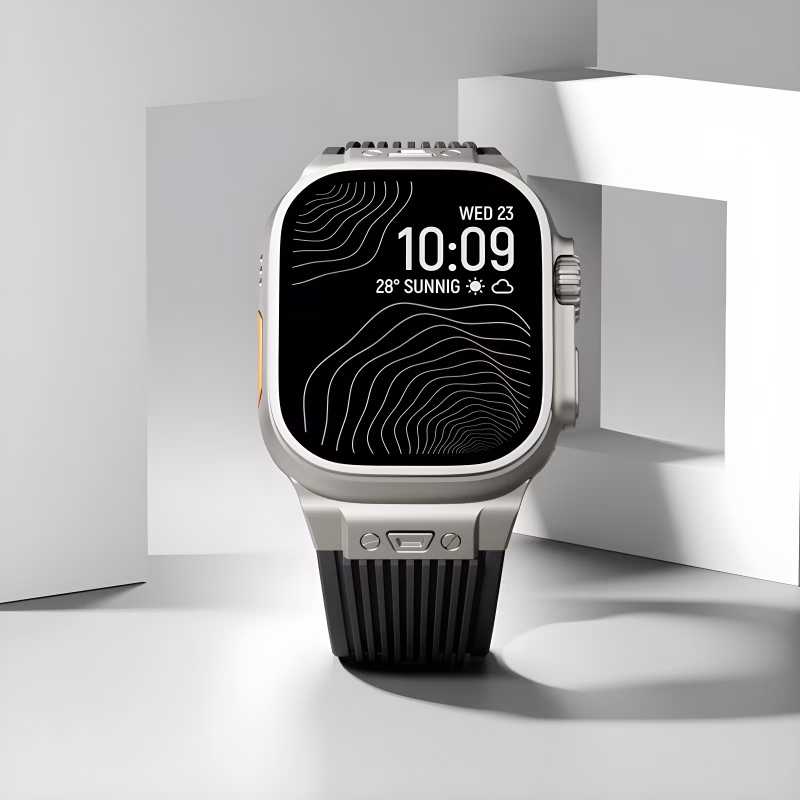 Bracelet Apple Watch EzStrap en silicone noir texturé, style sport, présenté en gros plan sur fond géométrique gris clair.