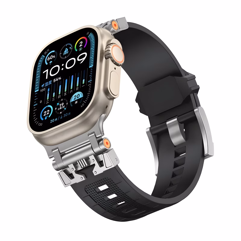 Bracelet Apple Watch EzStrap en TPU texturé de style sport, avec boucle en acier inoxydable, présenté en gros plan sur fond blanc.